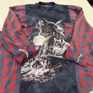 Red and Blue Plaid Wolf Graphic Shirt